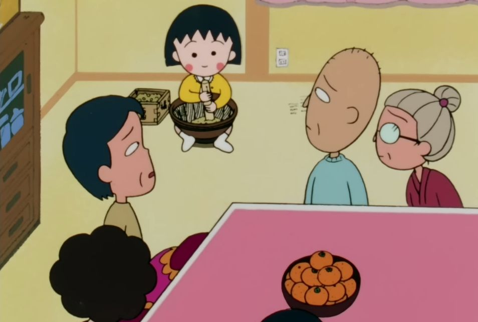 Maruko Chan menumbuk kacang (dok. Chibi Maruko Chan/Maruko Melempar Kacang)